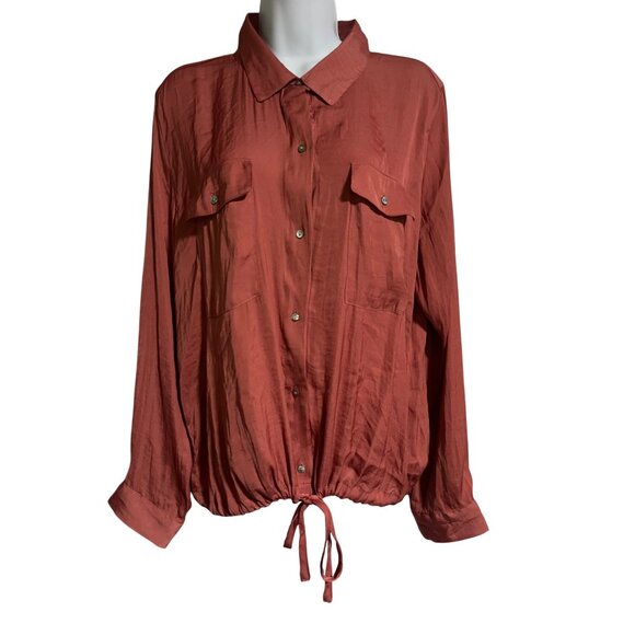 Calligraphie Womens Rust Button-Up Collared Shirt Drawstring Hem Size Large - Picture 1 of 8